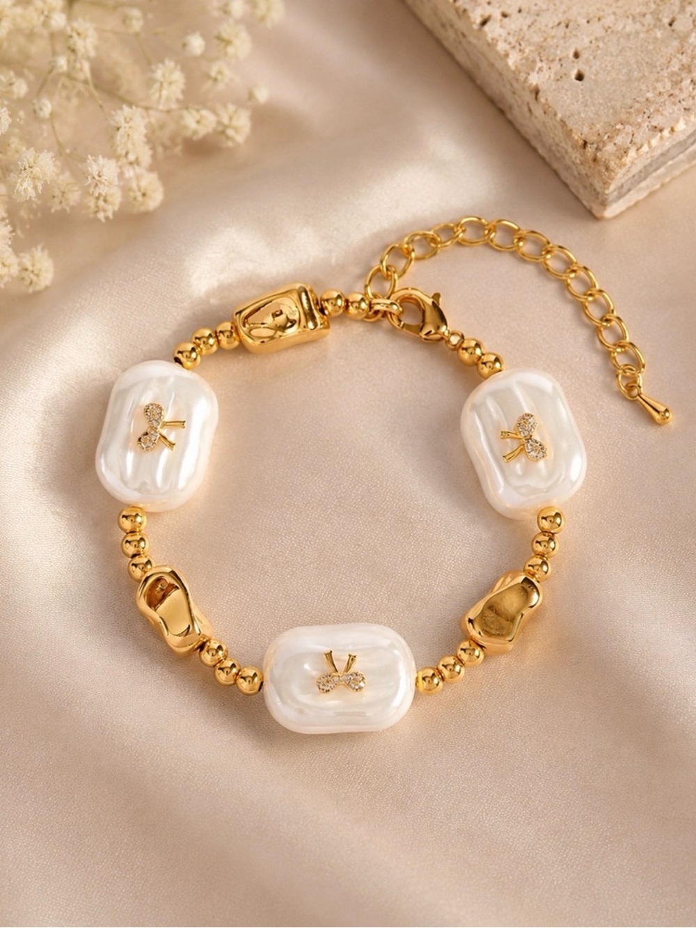 Luxury Gold Beaded Bracelet with White Baroque Pearl Charms